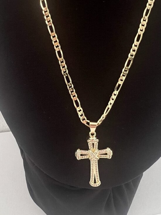 KB Jewelry - Italy Gold Plated Stainless Steel Cross Necklace 22” Figaro Chain